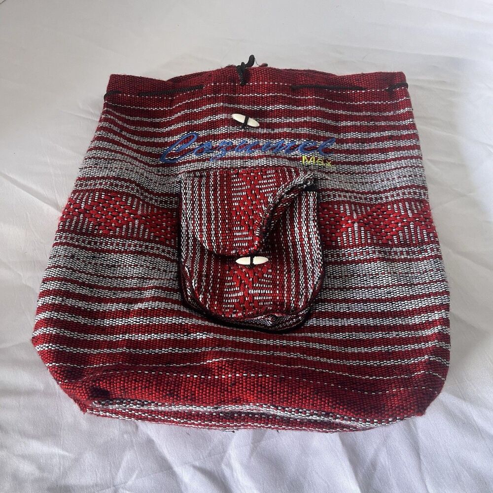 Backpack Cozumel LA CASA DEL SARAPE Red Gray Baja Mexican Knit Drawstring